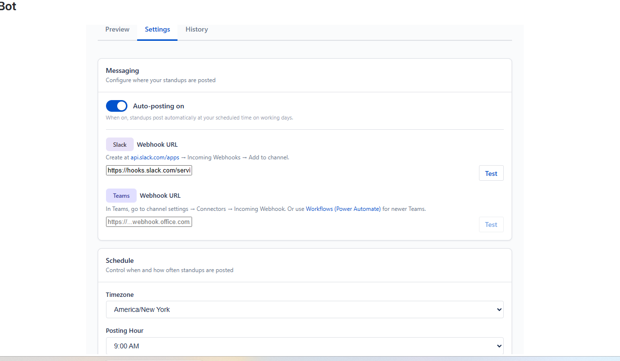 Settings: turn auto-posting on or off, add Slack and Microsoft Teams webhooks (with Test), then set timezone and posting hour so scheduled standups go to the right channel.