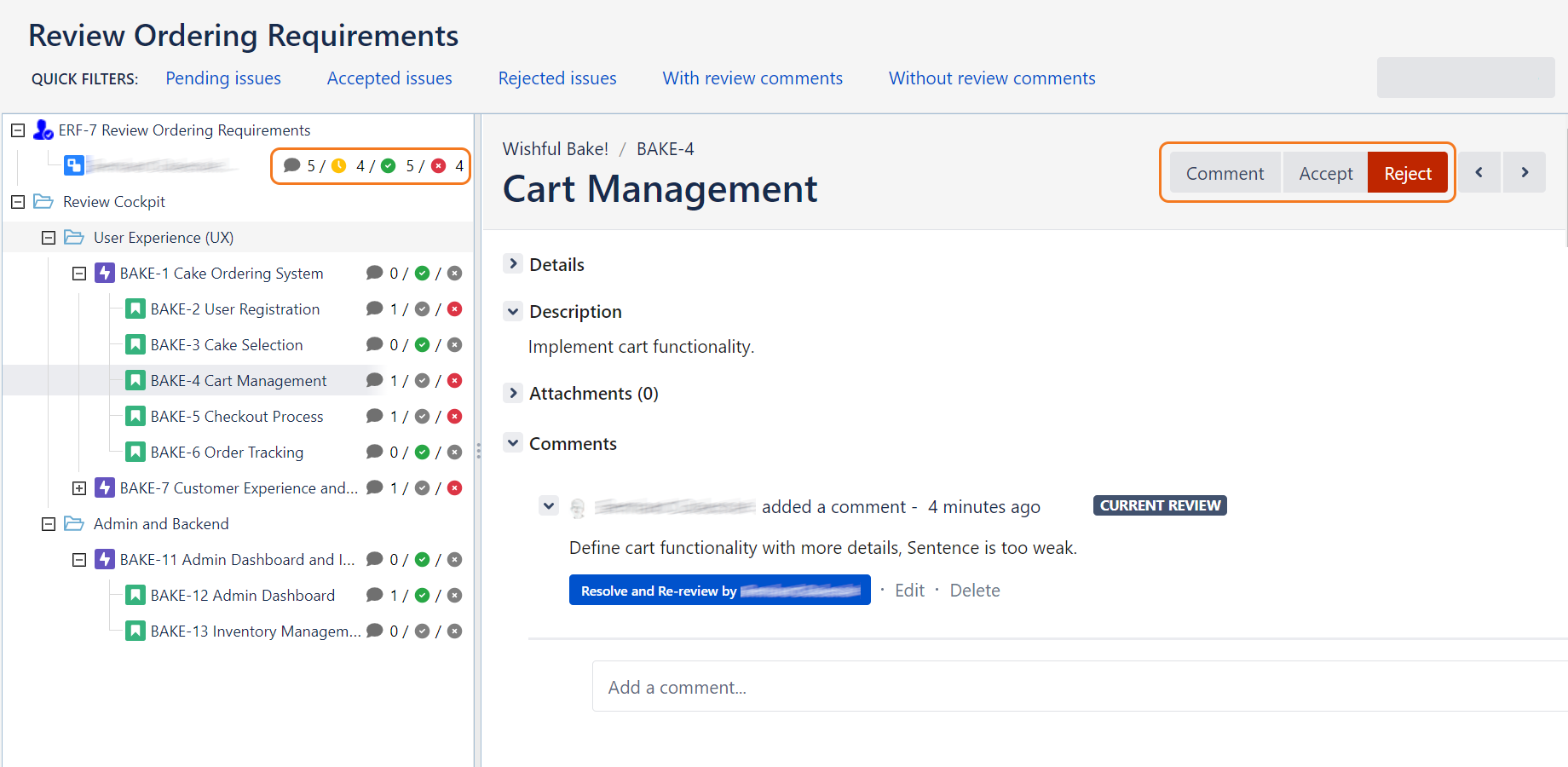 Reply in the easeRequirements review screen with your verdict, add comments and get an overview on pending issue reviews.