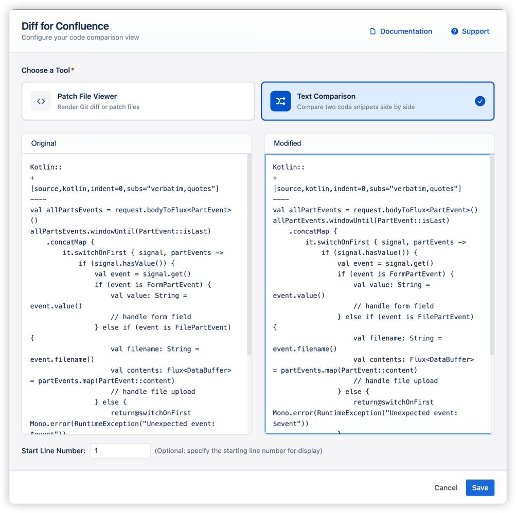 Text comparison mode showing original and modified content side-by-side. Simply paste two versions of your text and the diff is generated automatically with color-coded changes and syntax highlighting.
