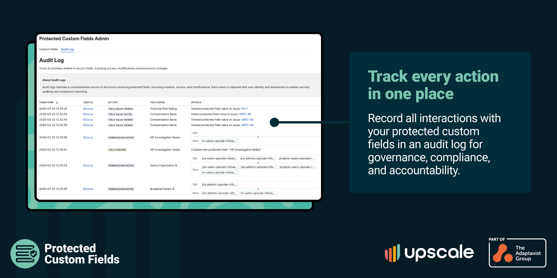 A dedicated audit log tracks all admin and user actions on protected custom fields. Track field creation, deletion, renaming and permission changes, all with detailed time stamps.