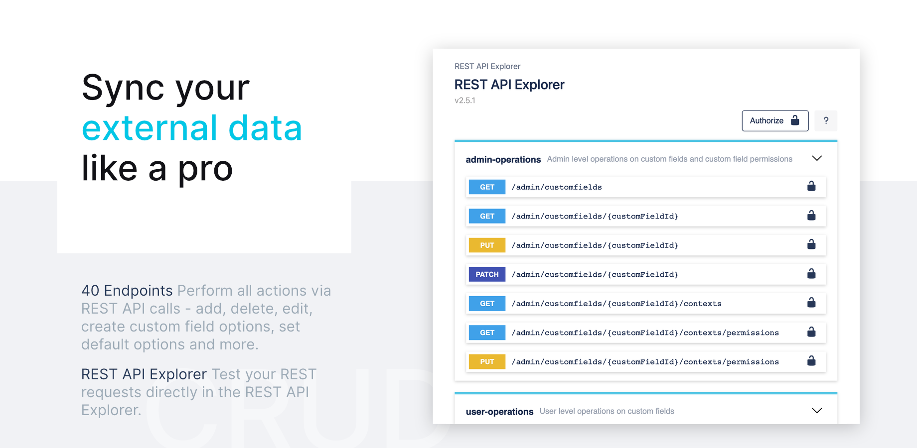 Via the Rest API you can for example sync your database data into a customfield.