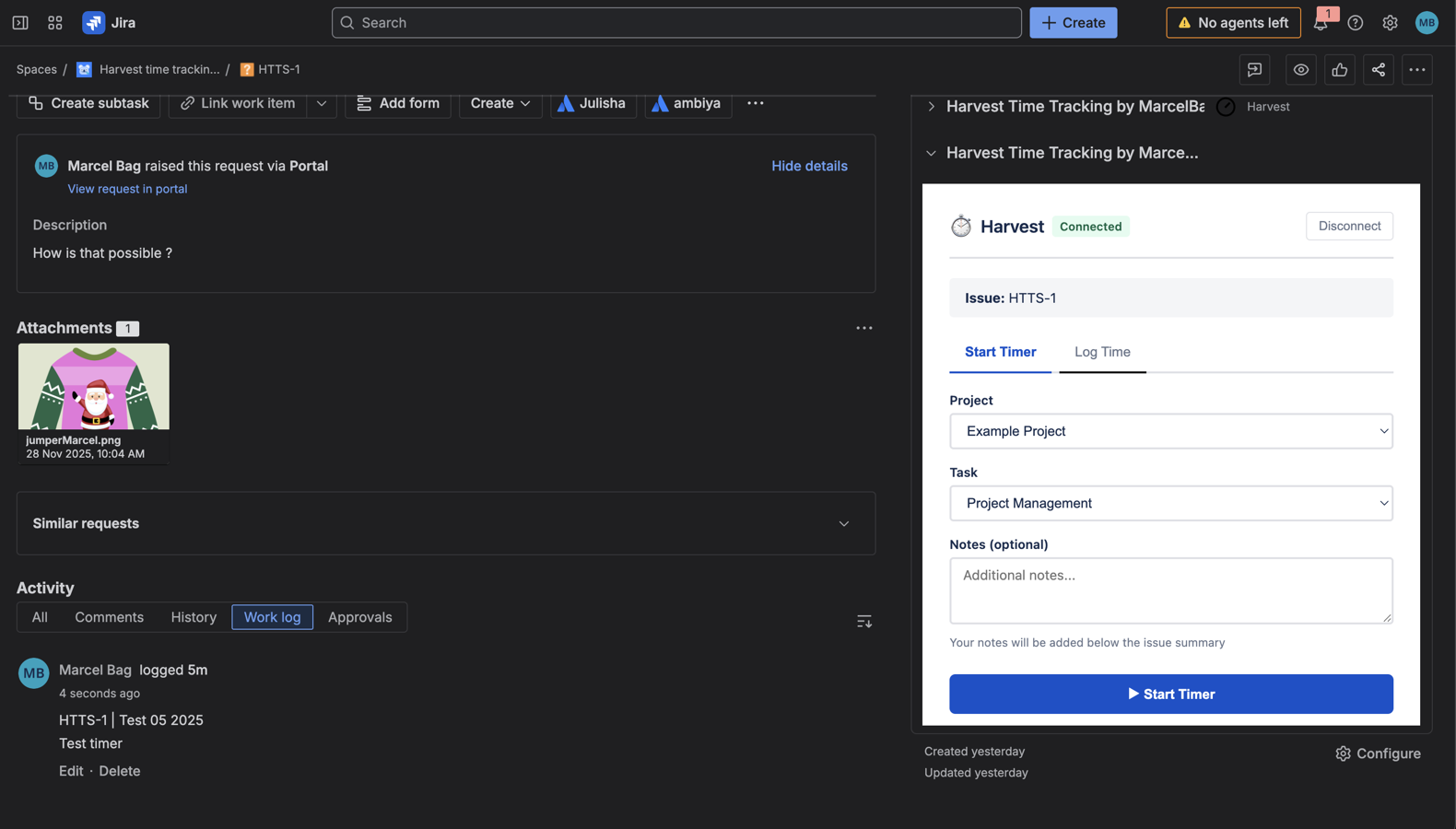 The clean, integrated timer interface right inside the Jira issue panel.