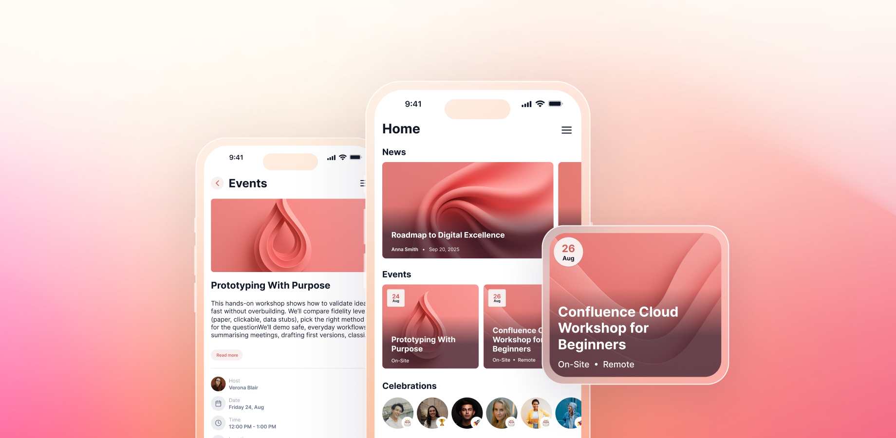 Screenshot showing the Mantra Mobile App for iOS and Android with news feed, events calendar, people directory, and push notifications – keeping frontline and remote workers connected on the go.
