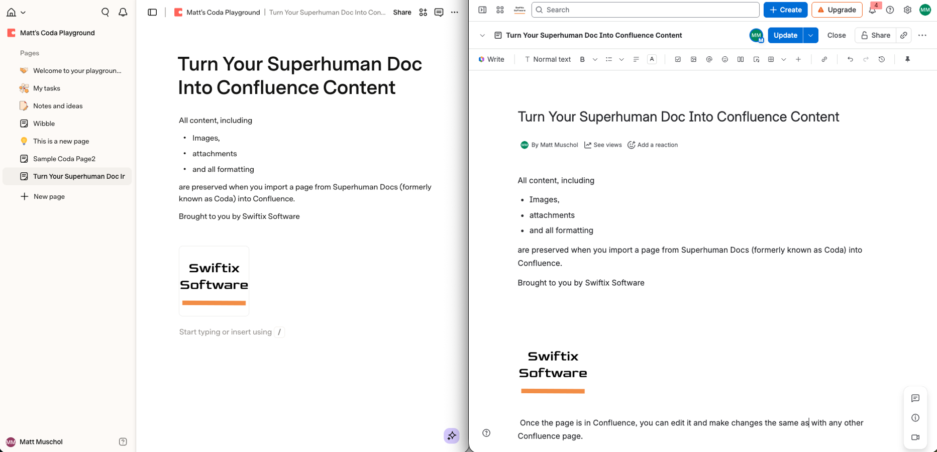 Start in Superhuman Docs and finish in Confluence