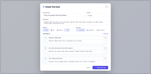 Test case creation form with steps, platform/type tags