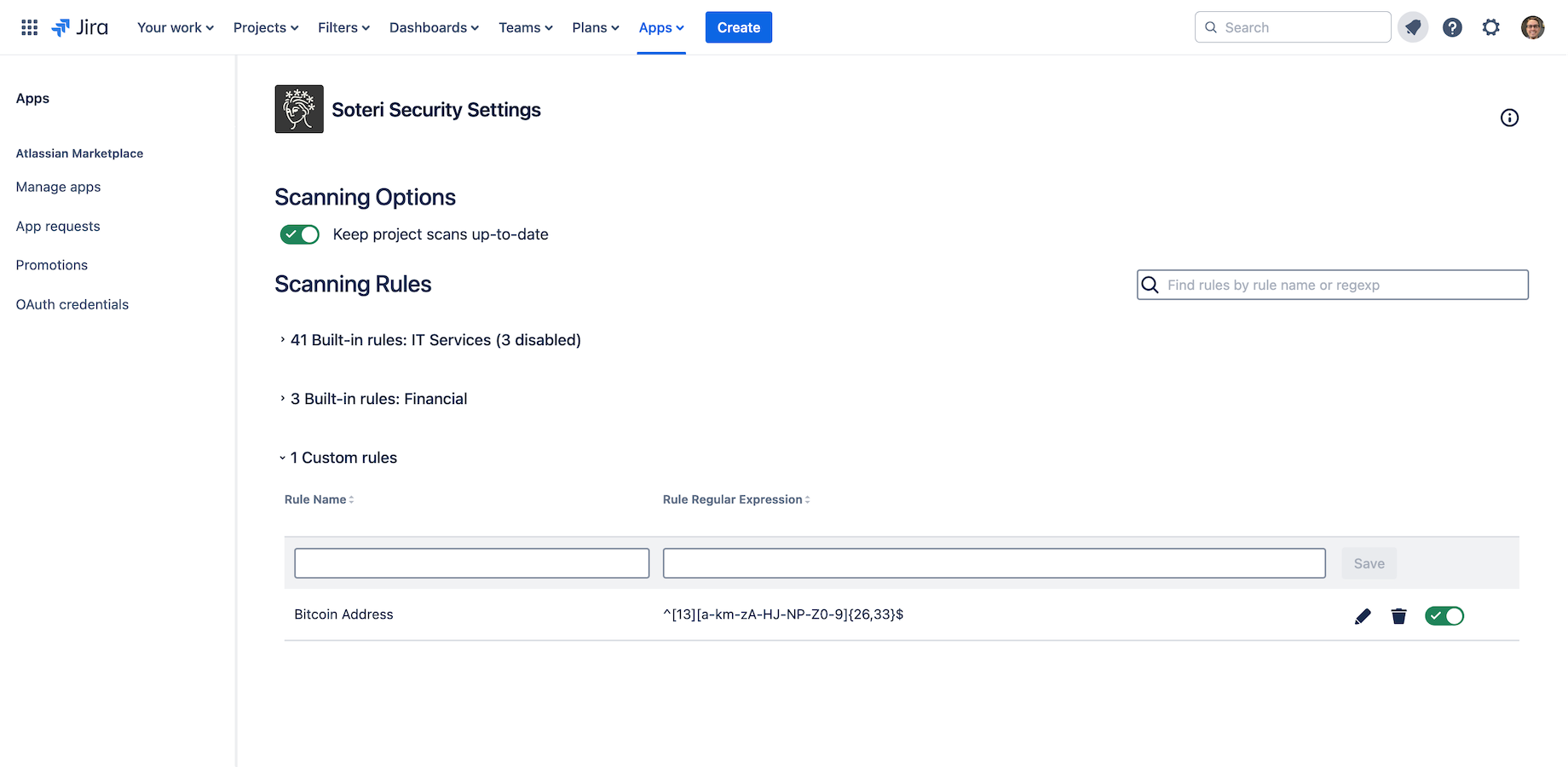 The Security for Jira Settings Page, where you can customize secret scanning rules.