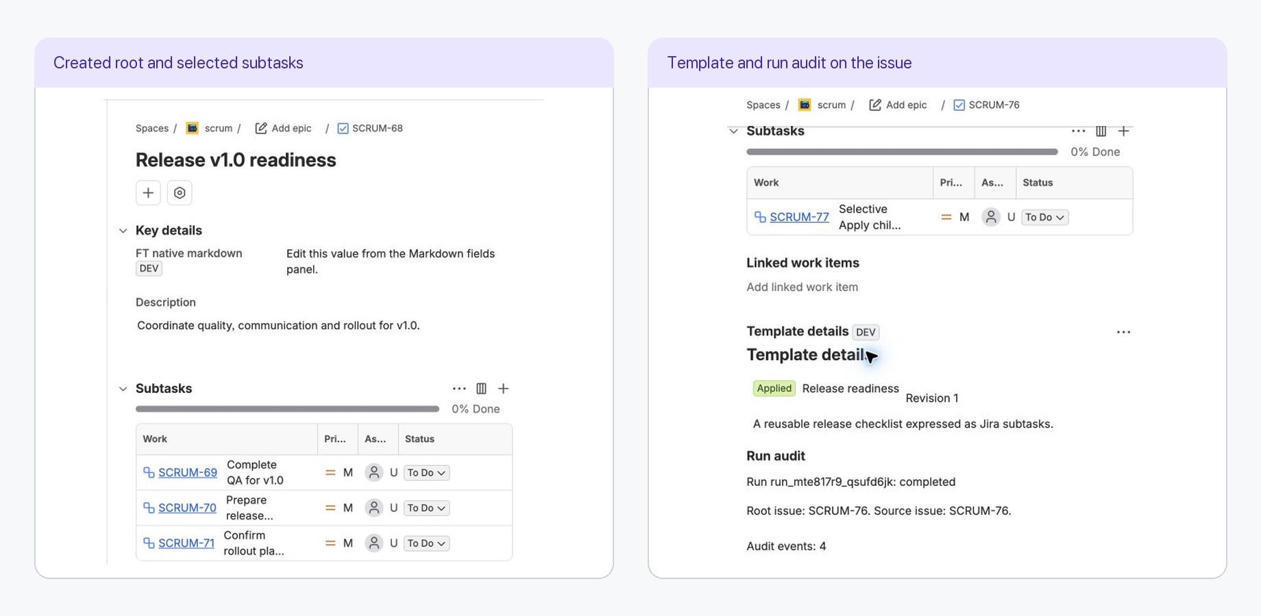 The created issue shows its subtasks, template revision, completed run and child outcomes in one traceable result.