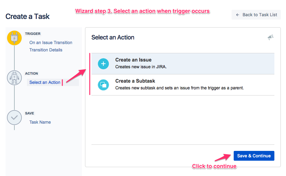Select 'create issue' or 'create subtask' action