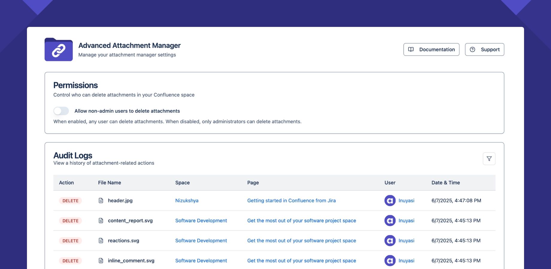 Stay compliant and secure with full visibility into who’s deleting or downloading what — across all spaces and pages
