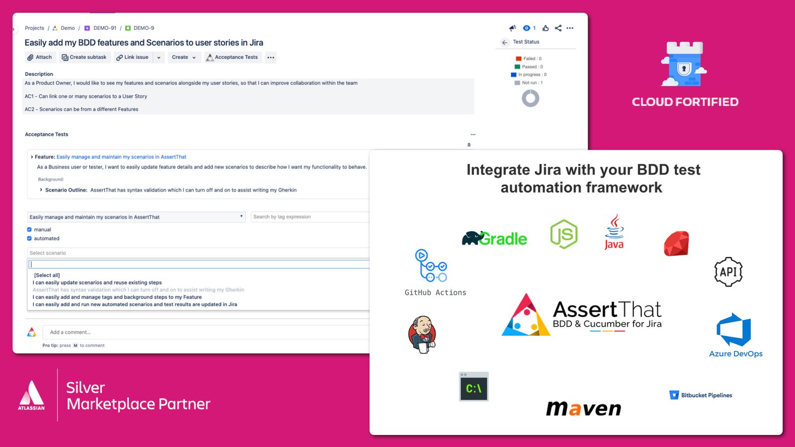 Link BDD scenarios to Jira User Stories for teamwork. Integrate with automation tools for real-time results and manually execute scenarios with created Test Plans