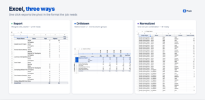 One-click Excel export in three formats: a print-ready styled Report, Drilldown with native +/− groups, and Normalized rows for BI tools.