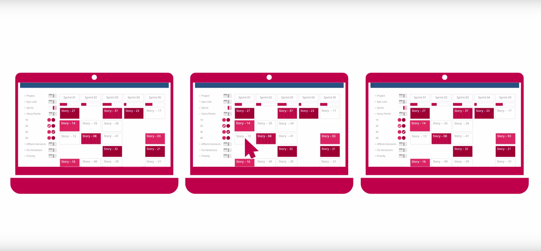 Group stories by epics via drag & drop and edit them on the fly. Plan sprints, which contain epic overlapping stories. Explain the project's scope to all stake holders with meaningful reports.