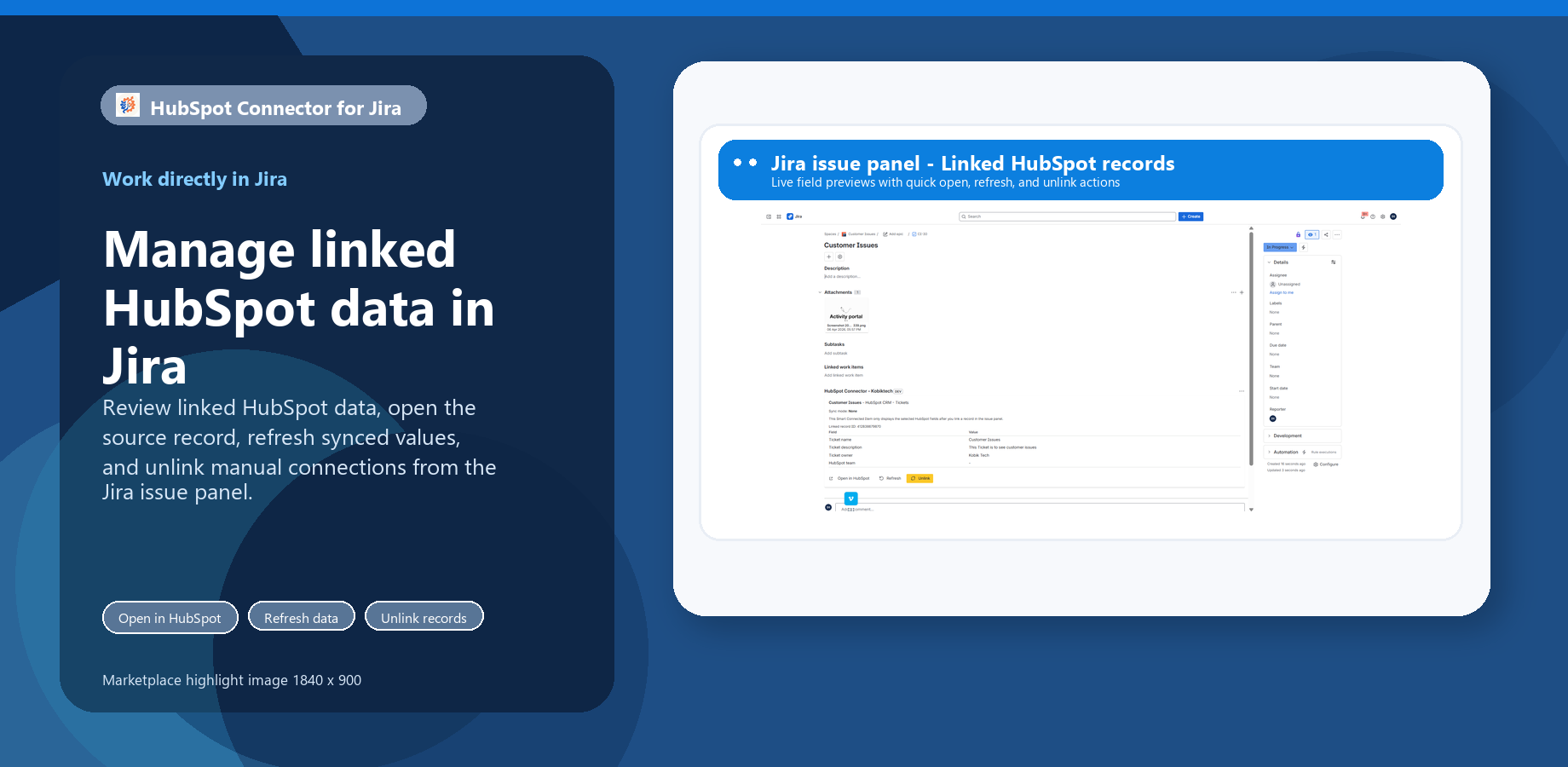 Jira issue panel displaying linked HubSpot data with actions to open the record in HubSpot, refresh values, or unlink it.