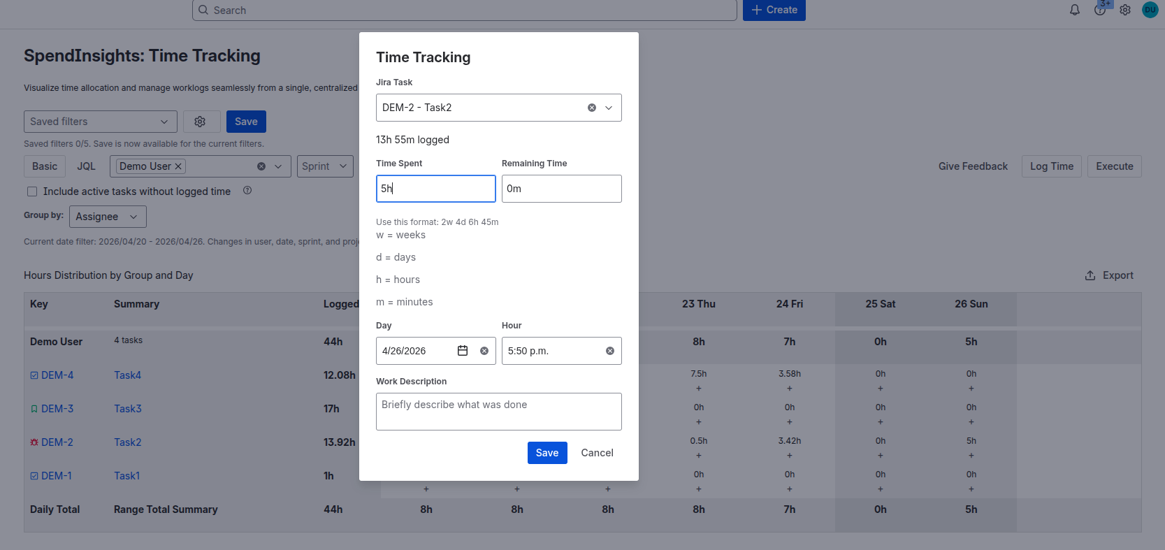 Log work hours directly from the reporting table using the integrated time tracking modal.