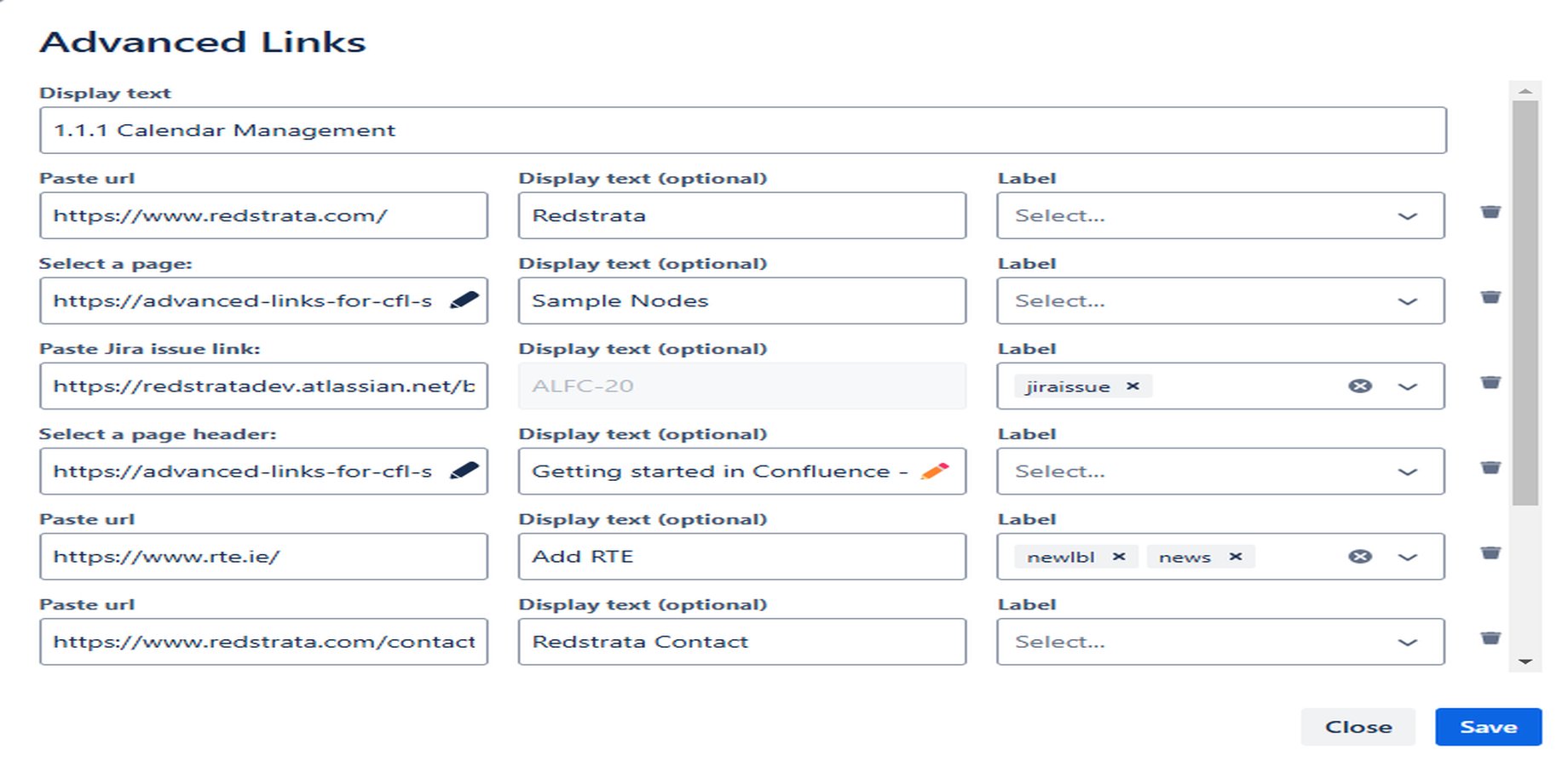 Add multiple labels for each link and change the display text