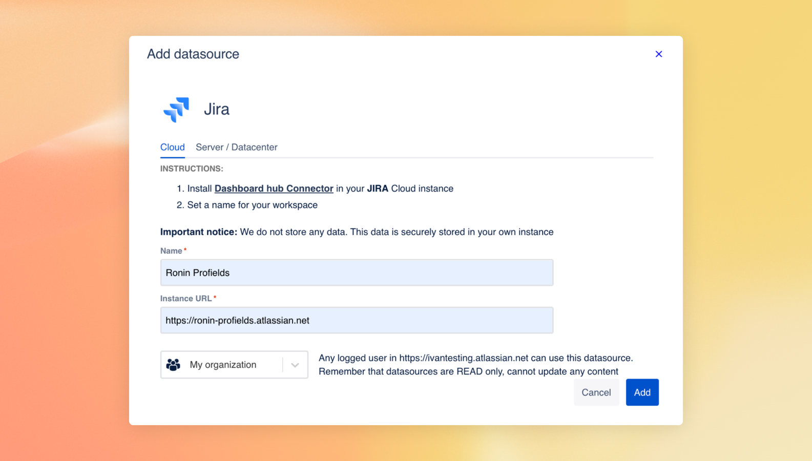 From your main instance, where you previously installed Dashboard Hub, open Dashboard Hub and click on “Add datasource”. Add the URL of the instance where you installed the connector in the previous step.