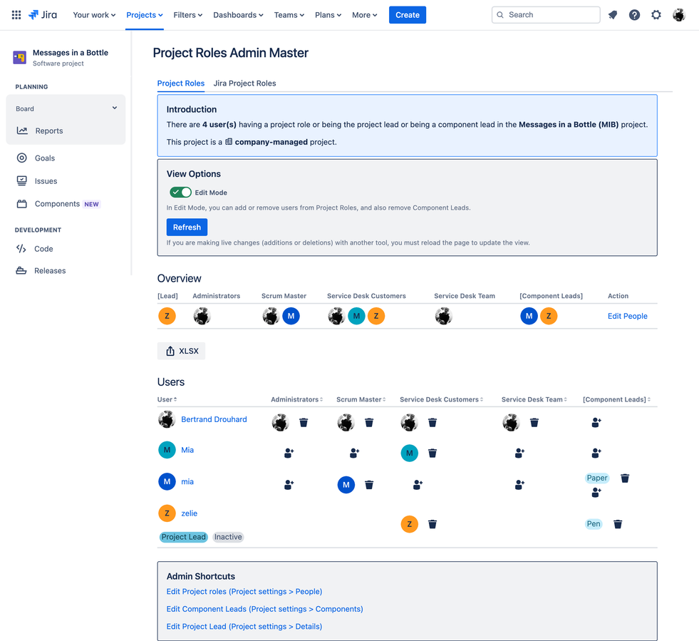 Project view of project roles usage. The Roles table gives you an overview , while Users table gives you insights. You can update roles in real time and export in Excel format.