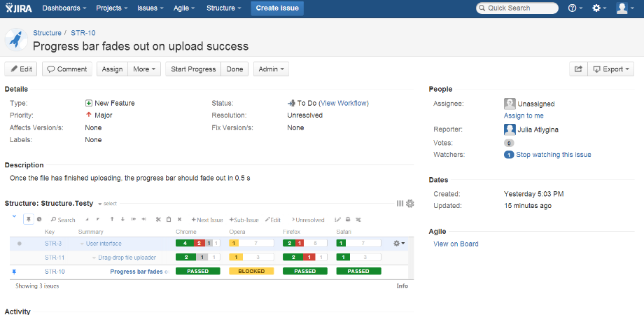 Test results from multiple runs side-by-side in the Structure panel in Jira issue view