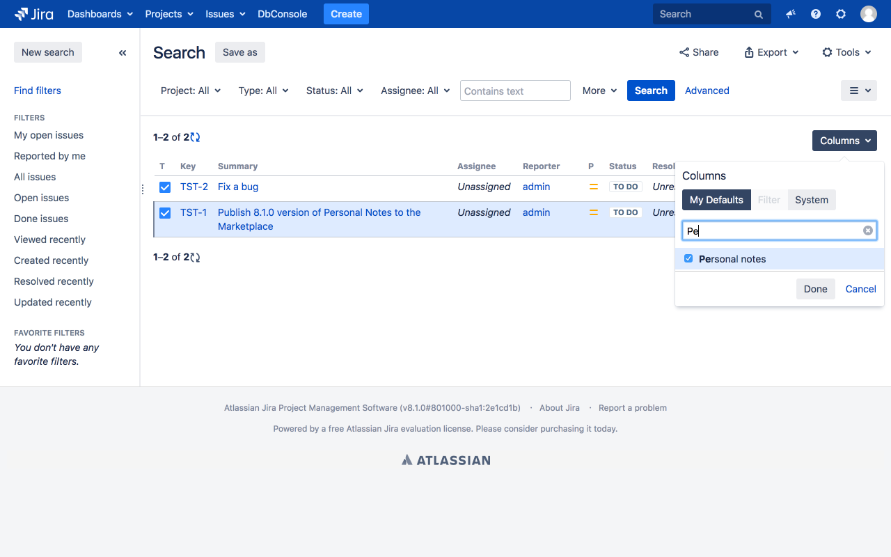 Add column to issue navigator. The column displays text of note and issue summary