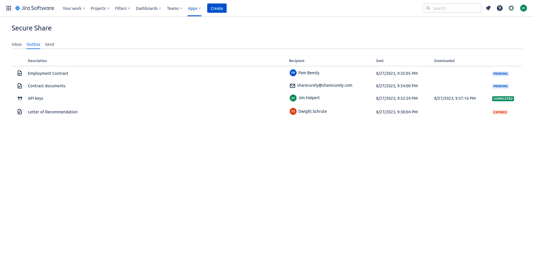 Your outbox gives an overview of the documents you have shared.

Track when and if recipients have downloaded the documents you share with them.

Documents are deleted after being downloaded, or within 30 days.