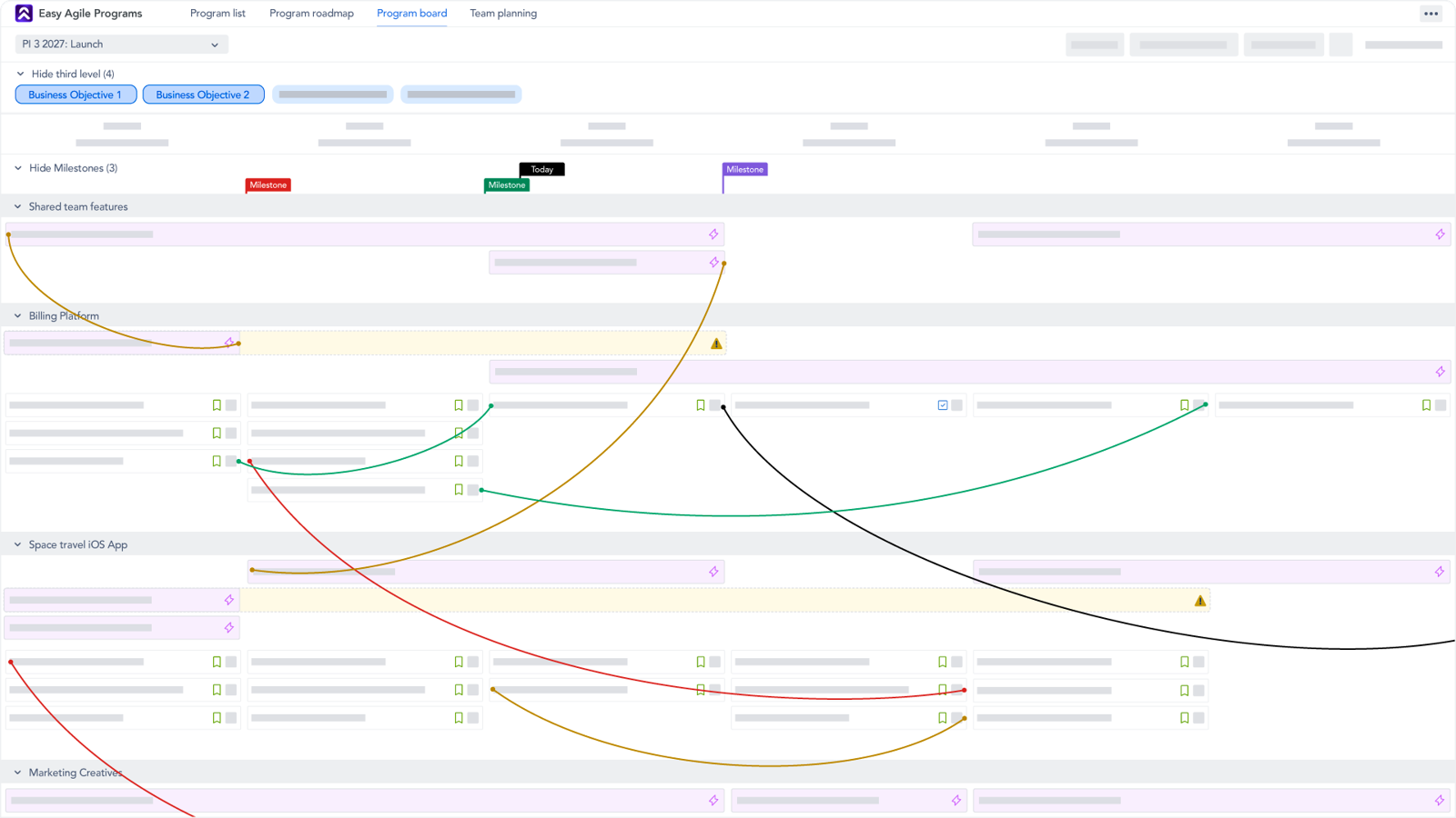 The Program Board ensures all teams are aligned on the committed Features for a Program Increment. Team swimlanes, dependencies and milestones help organise teams for PI Planning.