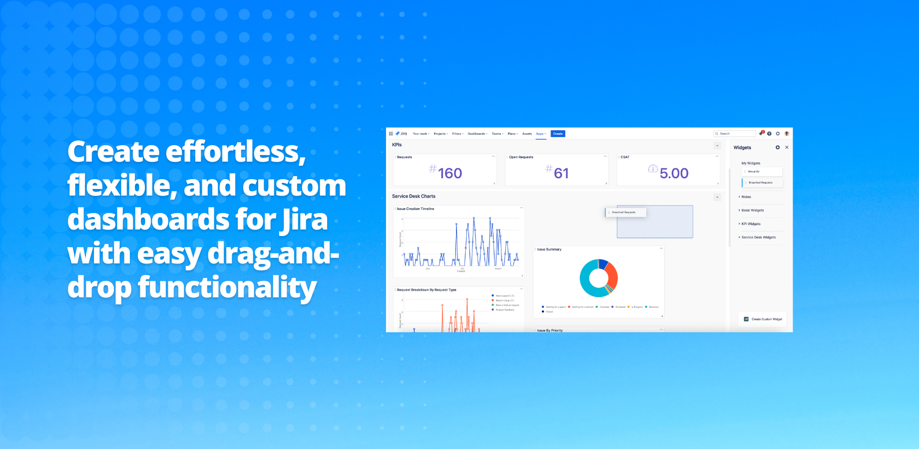 Instantly create customised charts and interactive Jira reports with easy drag-and-drop widgets. Get started quickly with pre-defined templates that help create meaningful dashboards in no time.