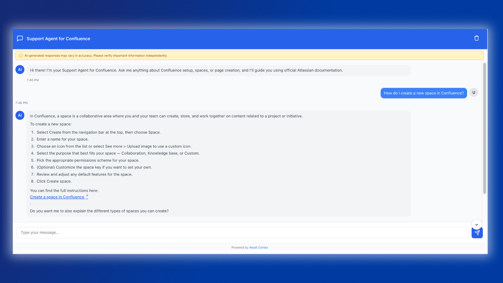 Instant, accurate help for Confluence setup, spaces, and content