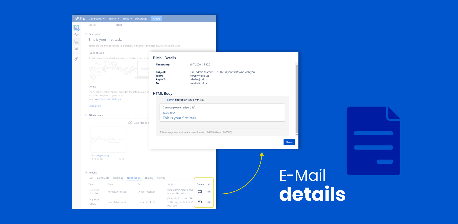 Email details for selected outgoing notification.