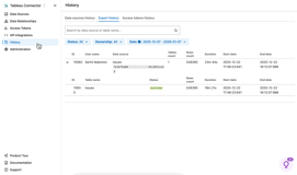 Use Data source history to review changes made to a data source over time, and Export history to monitor export activity.