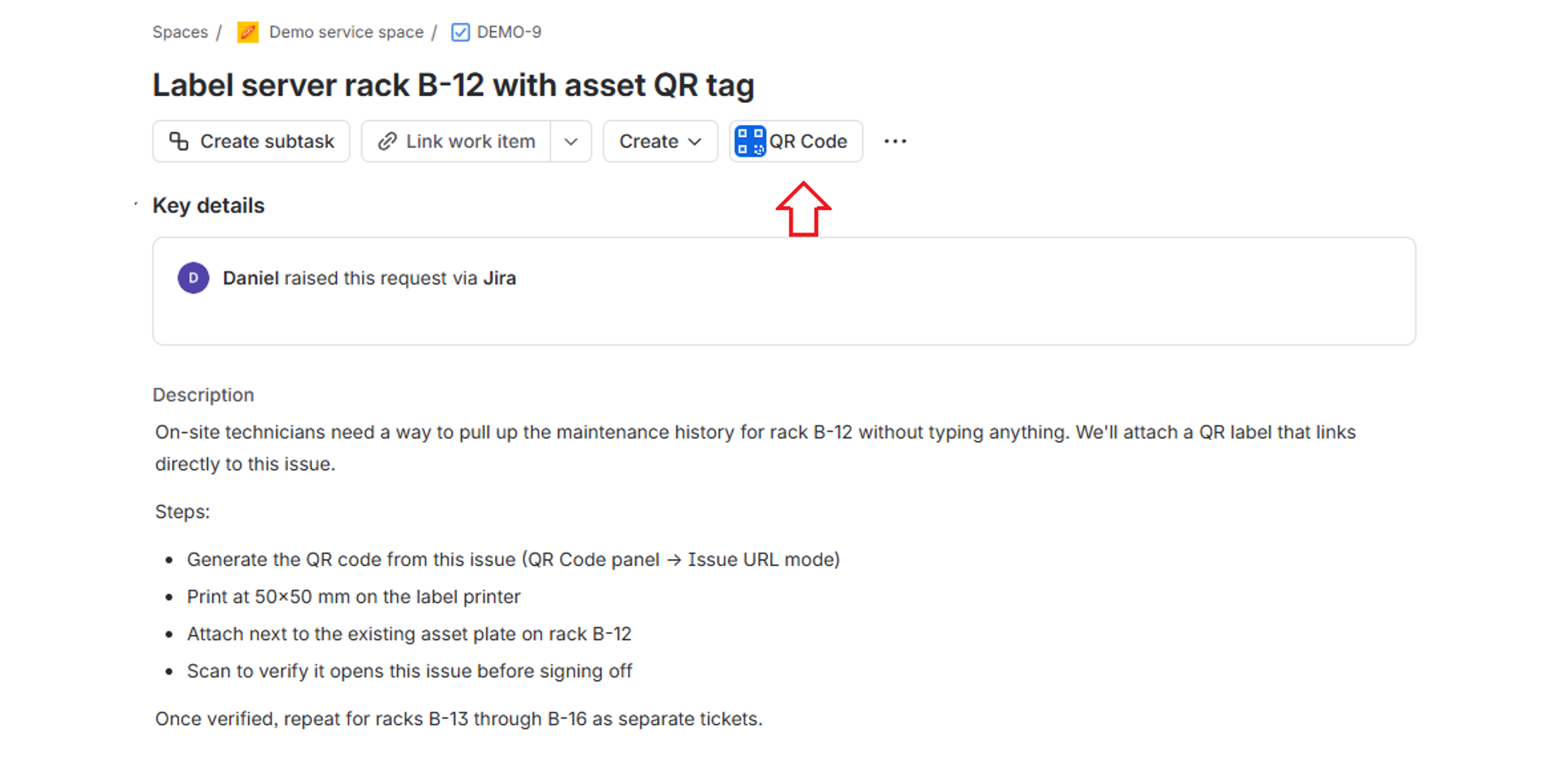 The QR Code panel on a Jira issue, generated instantly and scannable straight from the screen