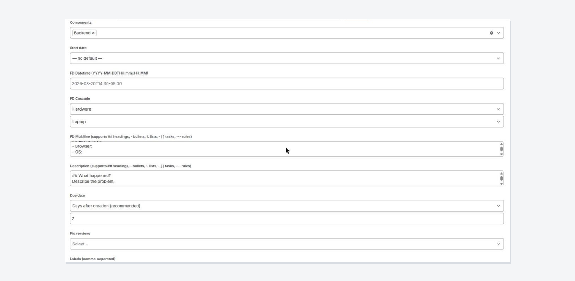 The configuration screen in project settings, showing defaults for the Bug issue type