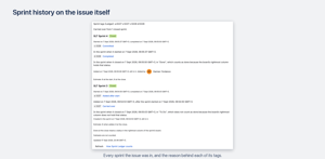 Sprint history on the issue itself: every sprint the issue was in, when it entered and left, what it was worth at the start and the close, and the reason behind each of its tags.