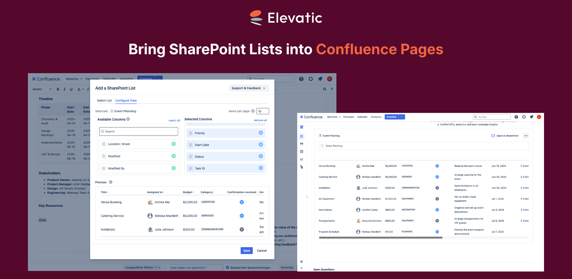 Easily embed SharePoint lists into your Confluence pages and customize the view by arranging columns with drag-and-drop.
