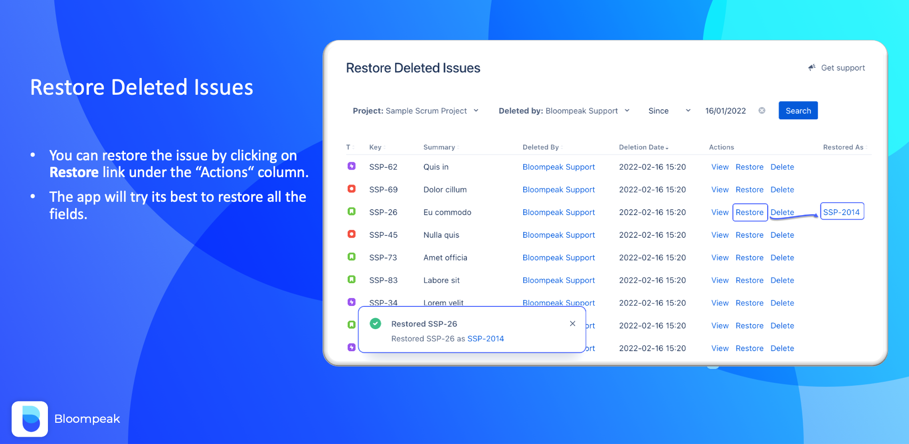 You can restore the issue by clicking on Restore link under the “Actions“ column. The app will try its best to restore all the fields.