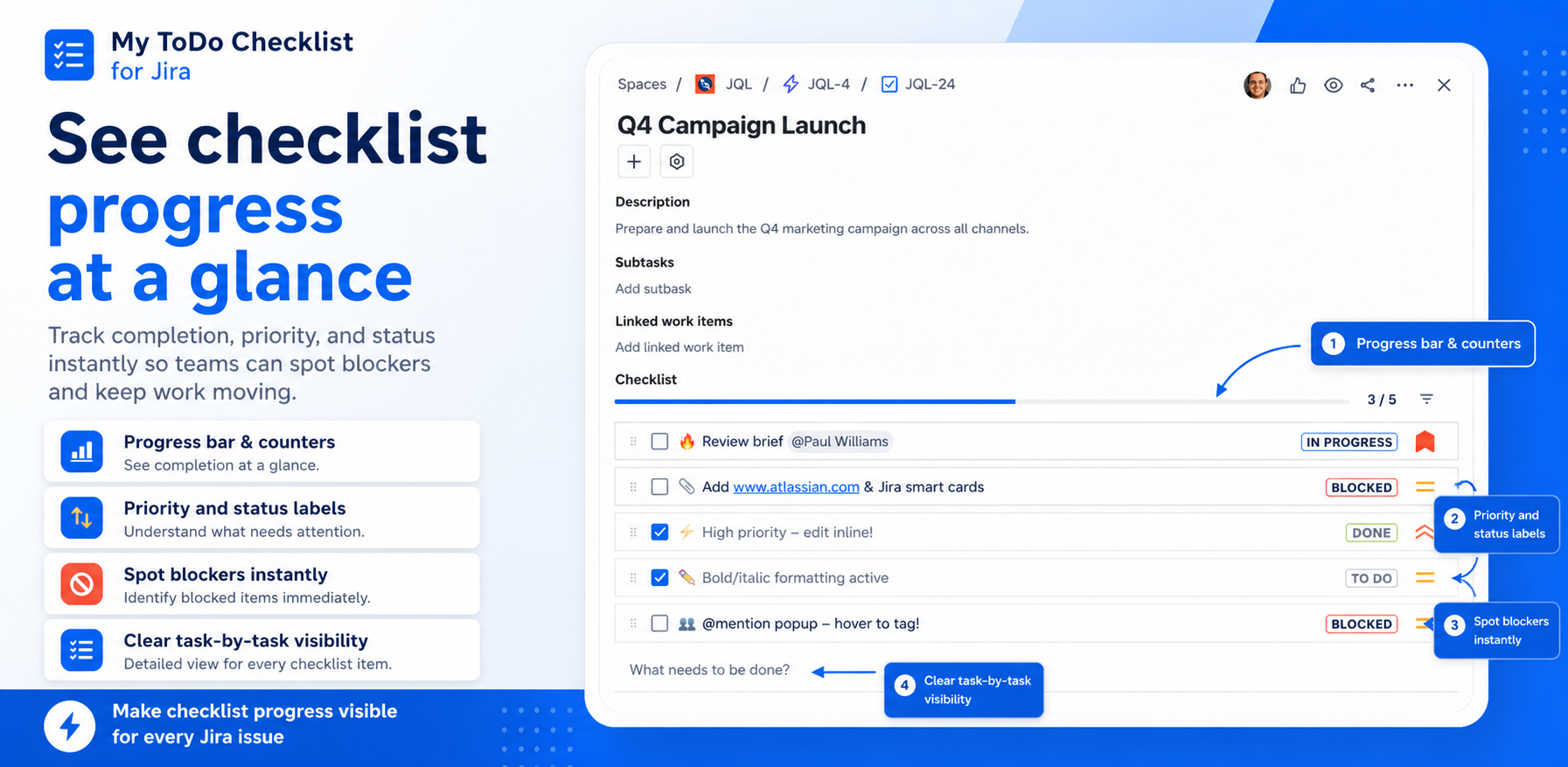 Visual progress tracking with statuses, priorities, completion counter, and checklist readiness indicators