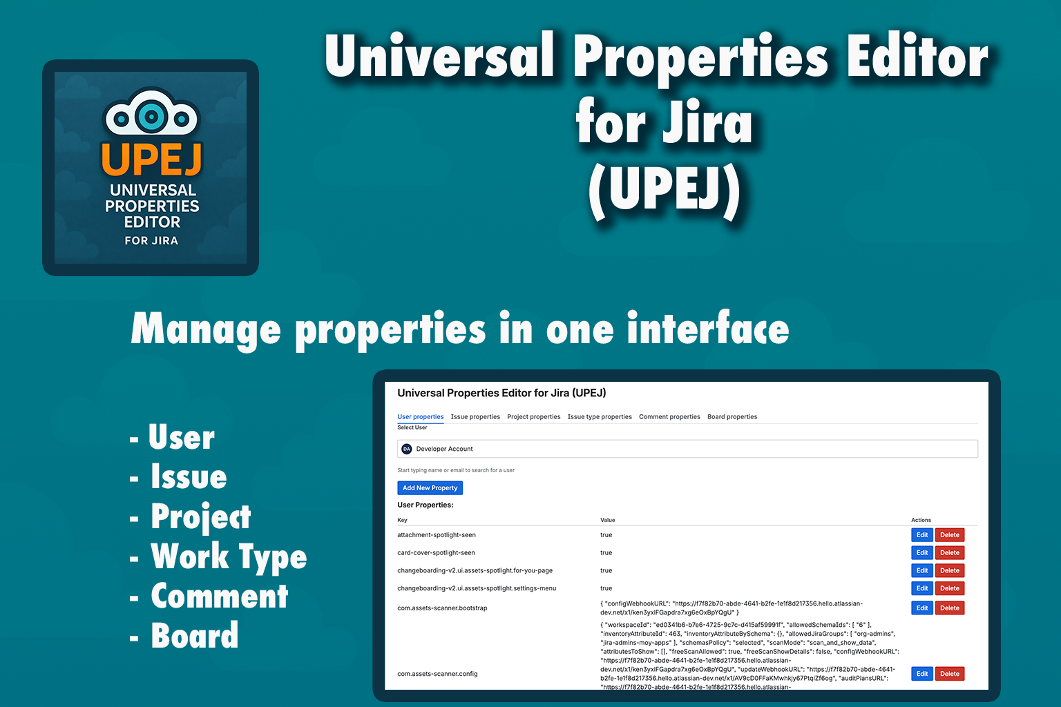 Project properties view: choose a project, click Load properties, then manage keys and JSON-like values with Edit and Delete in the table.