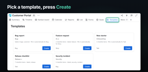 A project's Templates page. Each card shows the template's summary, checklist size, labels and the issue types it fills in automatically. Create opens Jira's own Create dialog with it filled in.
