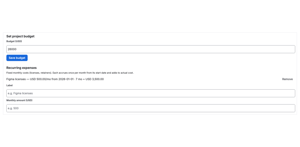 Recurring monthly expenses such as tool licences and retainers accrue automatically and fold into the project's real cost.
