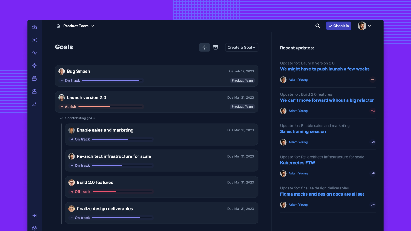 A view of goals and their progress in Steady.