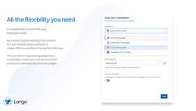 Lango offers a workflow that performs for you. You can link or copy an existing page as a translation, create new translations from scratch or automatically translate pages with your preferred provider.