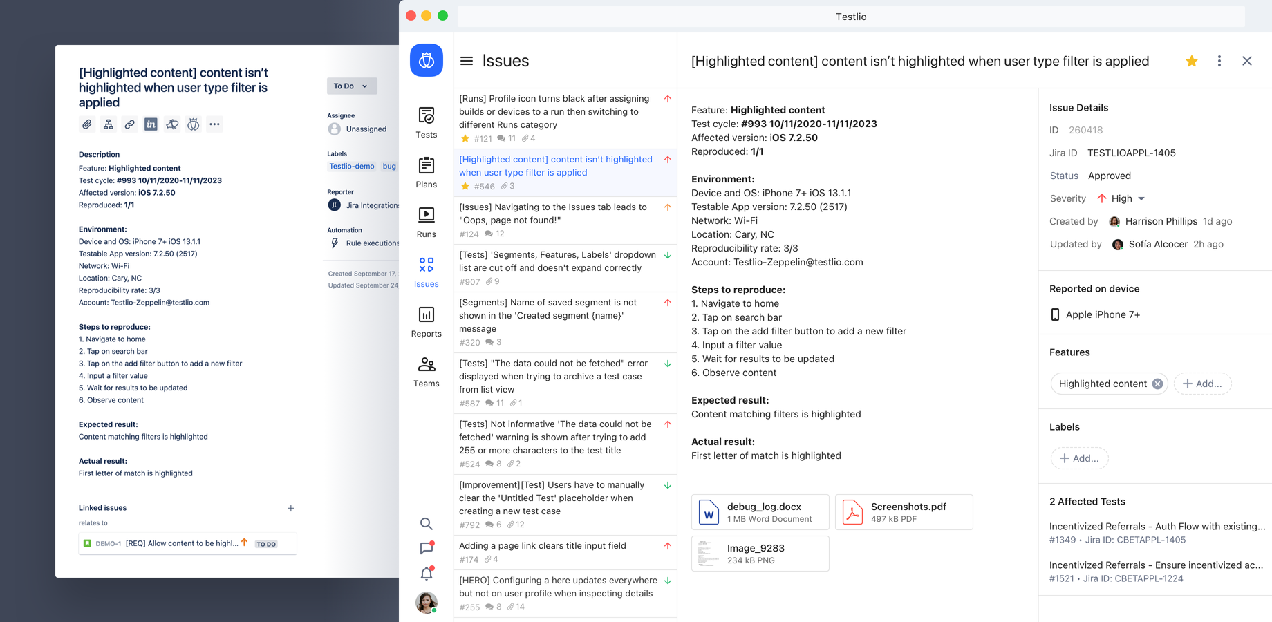 Reported issues on Testlio Platform are synced over to your Jira and will have connected changes added as linked issues.