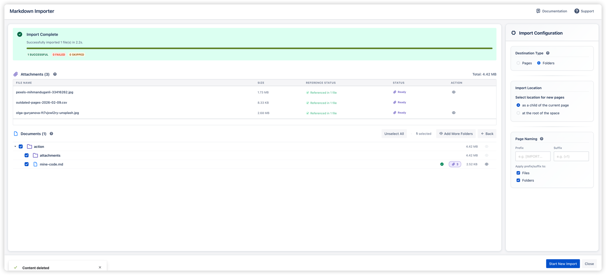 The import result screen shows 1 successful import completed in 2.2s, with 3 attachments detected and linked. The document tree displays the folder hierarchy and file status in real time.