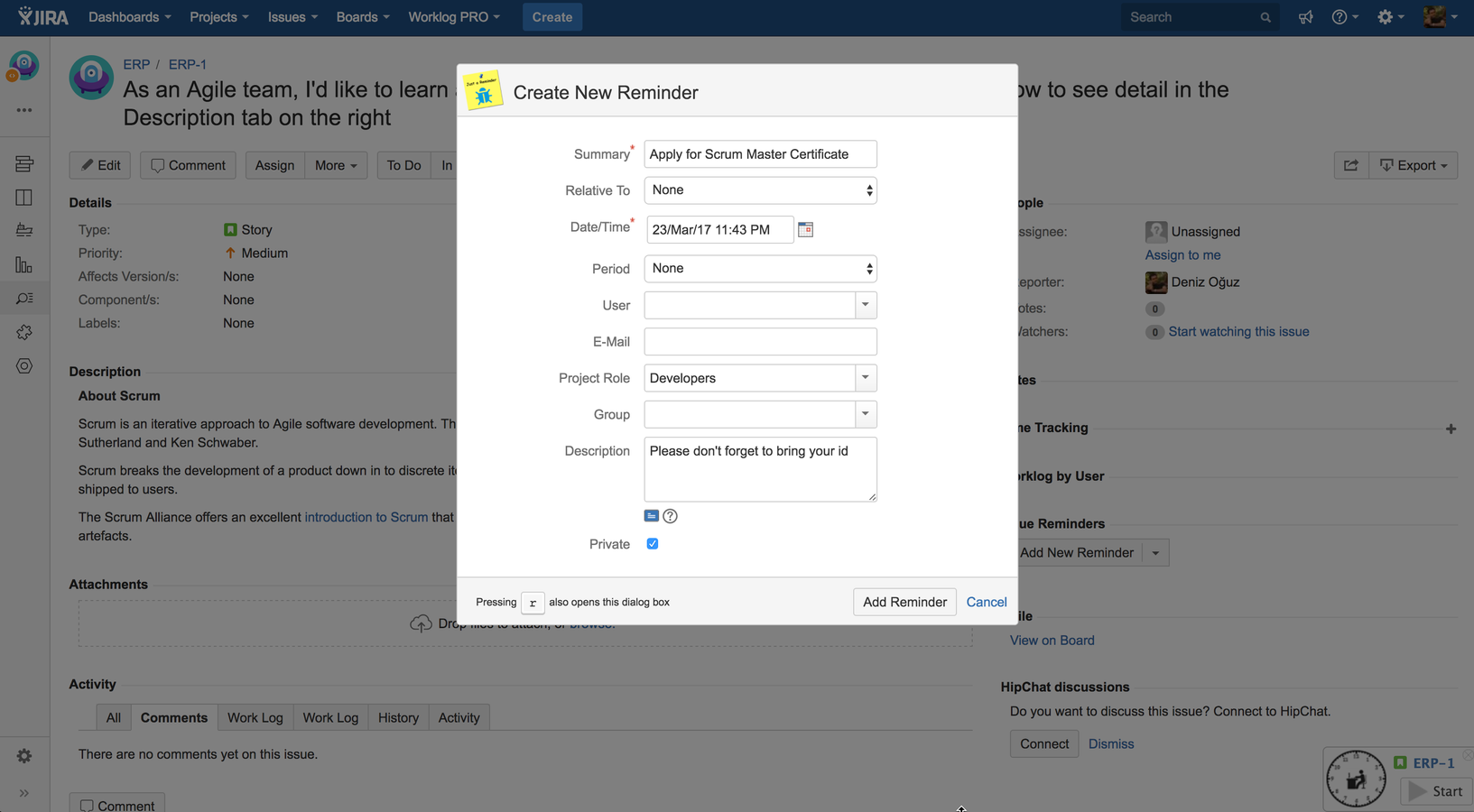 You can create multiple reminders for multiple recipients to coordinate issue details without creating additional issues. Create periodic reminders for repeating activities. You can also make reminders private.
