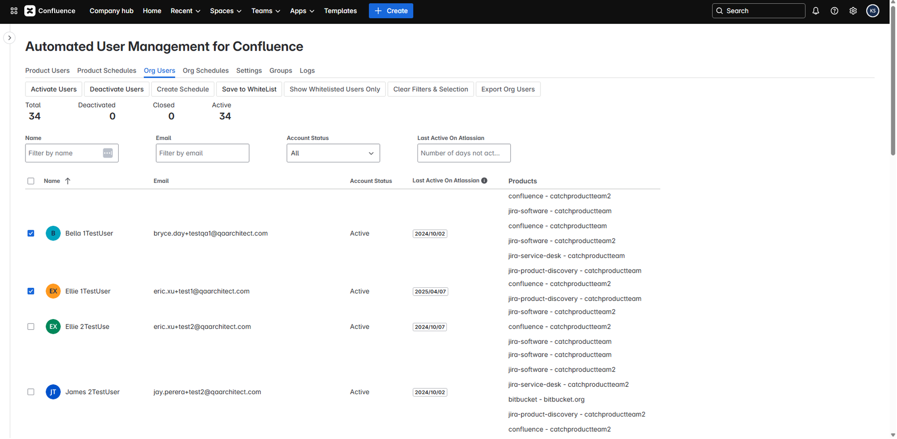 Identify and select users, optionally using filters like inactivity duration in Atlassian or Confluence, to revoke product access or deactivate their accounts accordingly.