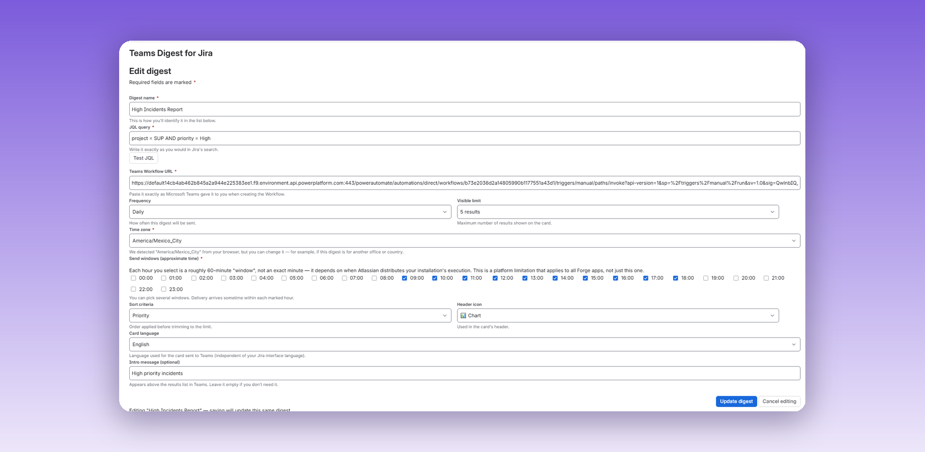 The configuration screen: JQL query, Teams Workflow URL, frequency, time zone, and send windows — all validated as you go.