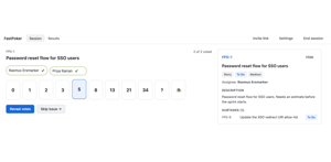 Everyone votes at once on the same issue, with the story and its sub-tasks in view. The counter shows who has voted; nobody sees a number until the facilitator reveals