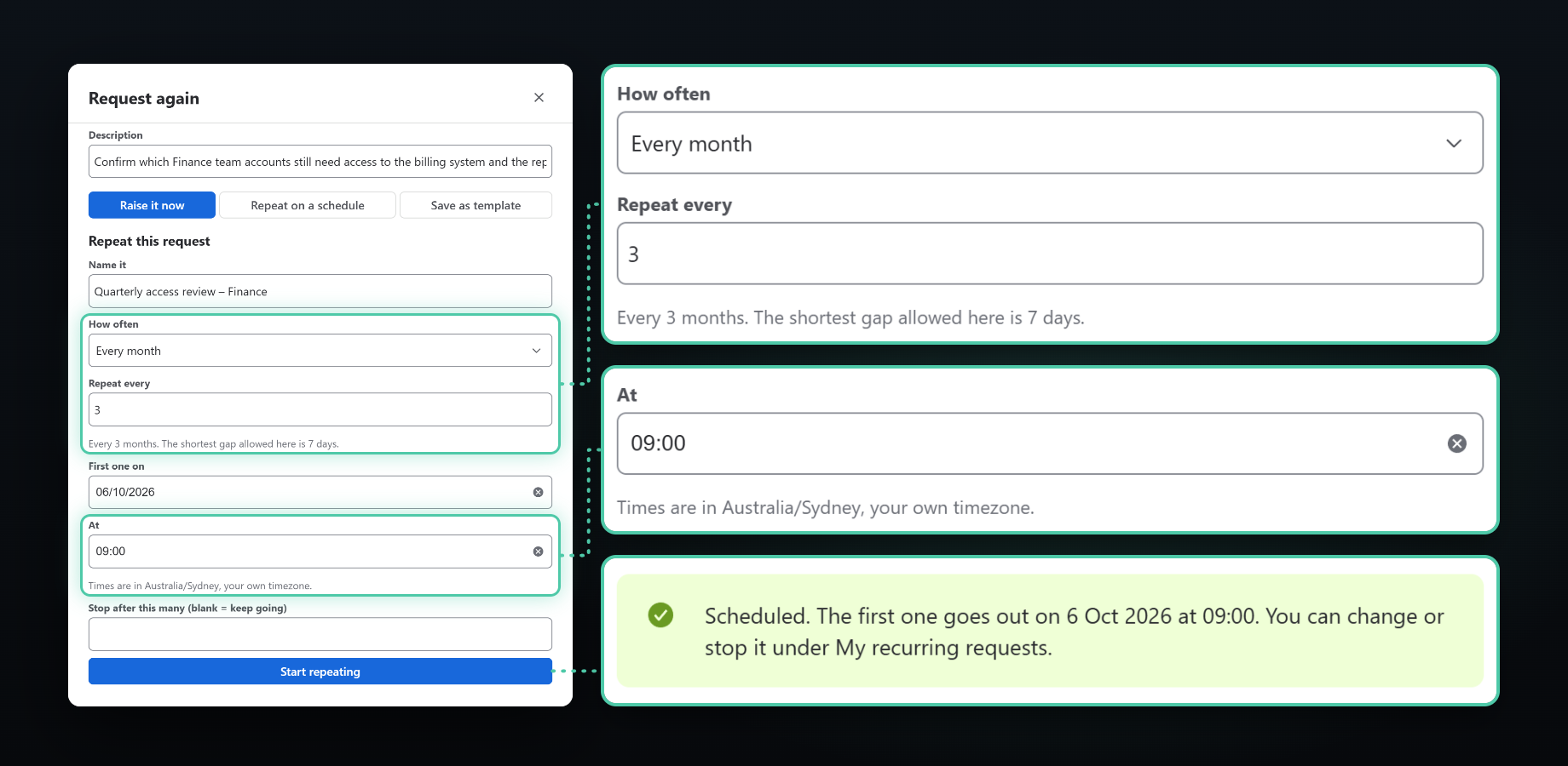 The portal’s Request again dialog: How often Every month, Repeat every 3 (“Every 3 months”), At 09:00 in Australia/Sydney. After Start repeating: “Scheduled. The first one goes out on 6 Oct 2026 at 09:00.”