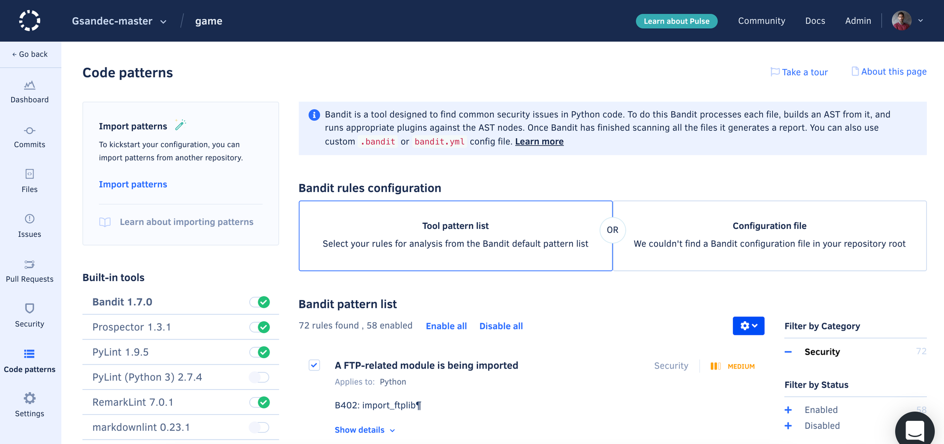 Example list of tools supported by Codacy.