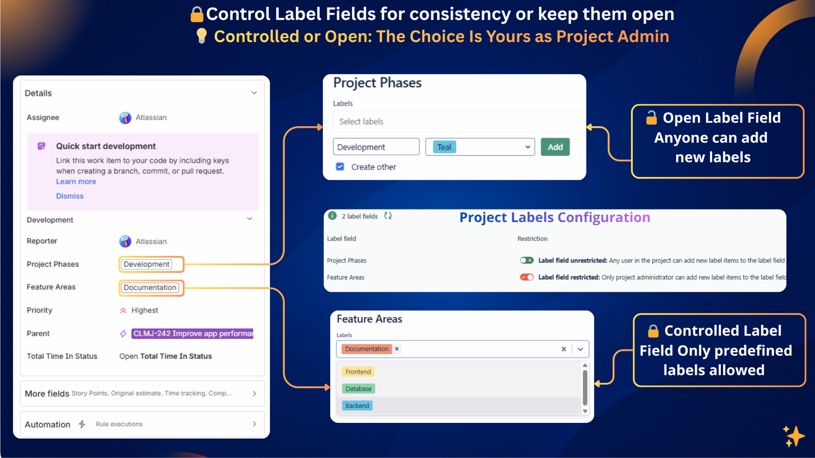 Create Smart Label Fields per project. Let teams add new labels freely or use restricted lists for control. Manage many label fields from one clean interface with colors and consistency.