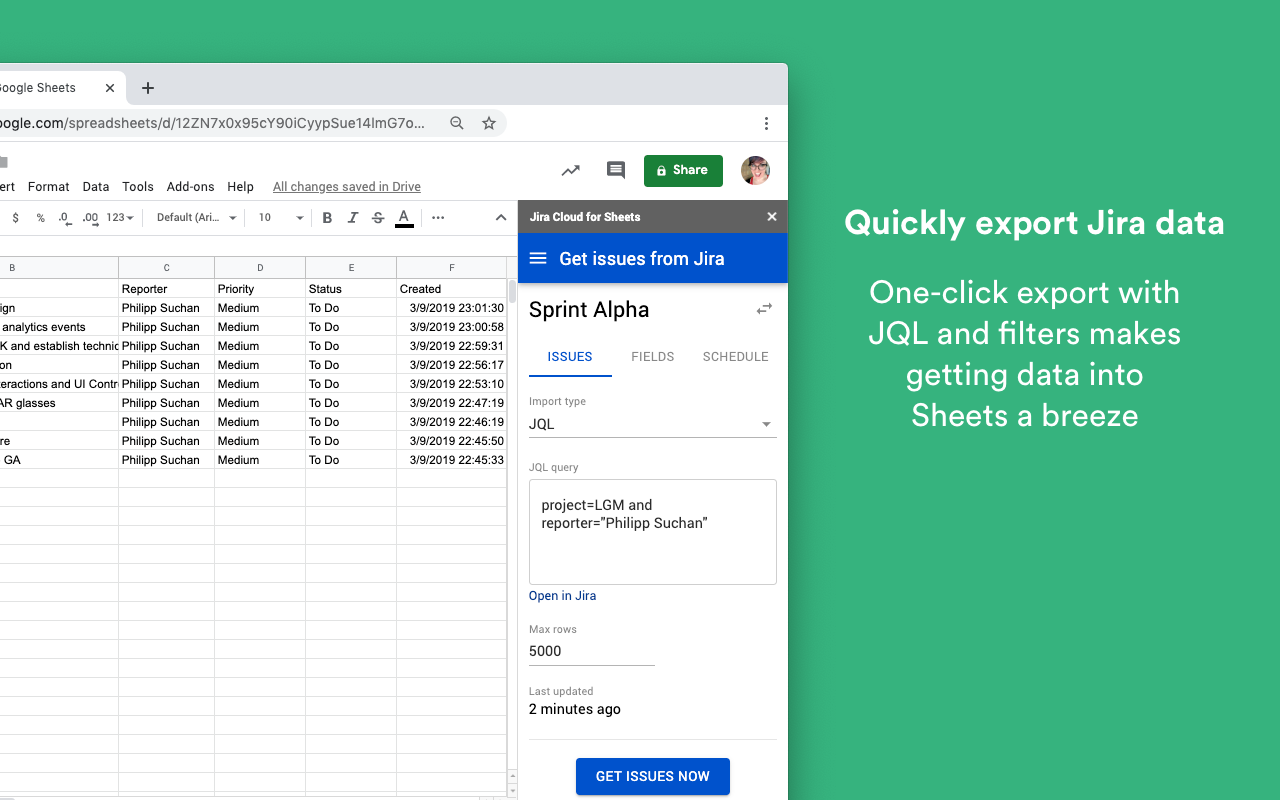 Import Jira data into your spreadsheets